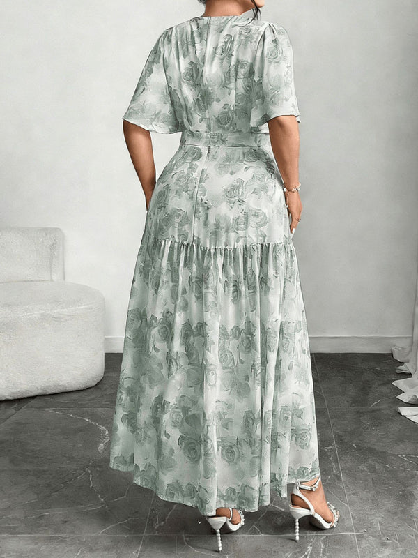 Plus Size Printed Pleated Slim Waist Maxi Dress for Events