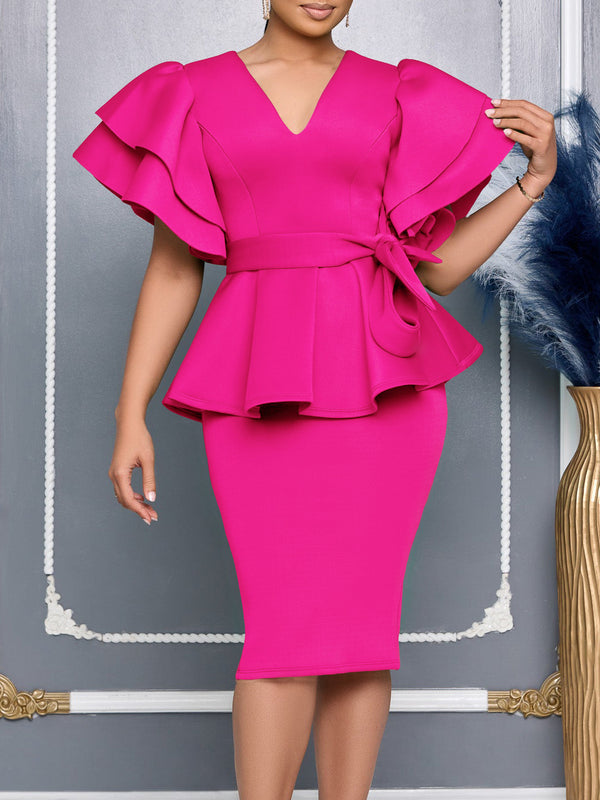 Solid Ruffled Bodycon Dress for Formal Evening Parties