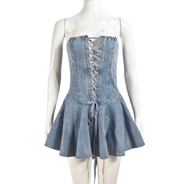 Zippered Strapless Denim Ruffle Skirt for Casual Summer Wear