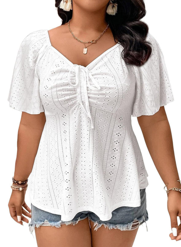 Plus Size Pleated Tie-Waist Short-Sleeve Top for Casual Wear