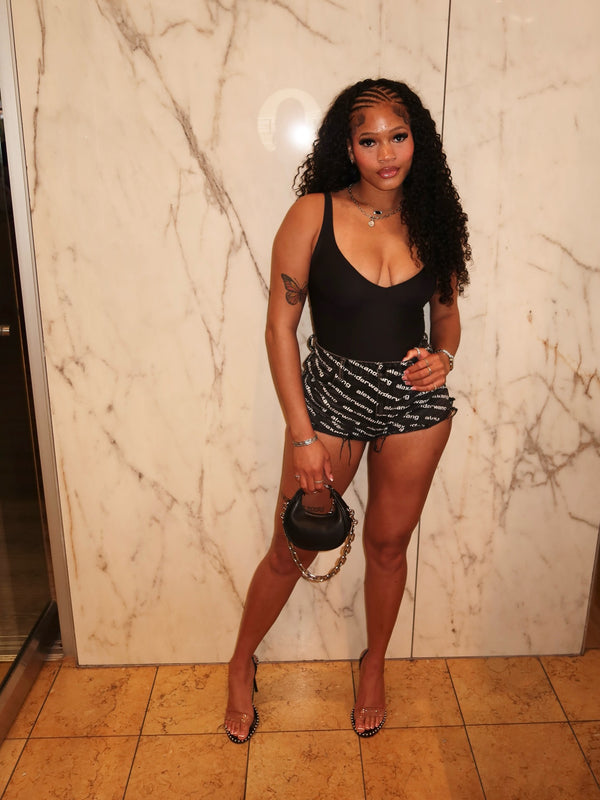 V-Neck Letter Print Bodysuit & Frayed Shorts Two-Piece Set for Summer