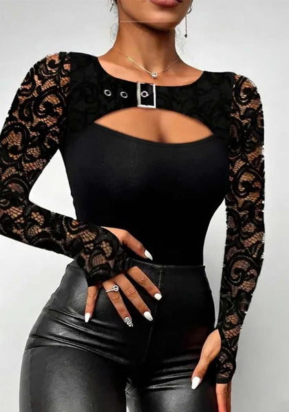 Women Sexy lace patchwork asymmetrical long-sleeved top