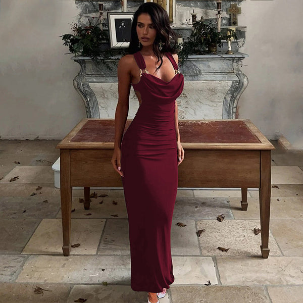 Backless Ruffled Lace-Up Maxi Dress for Evening Events