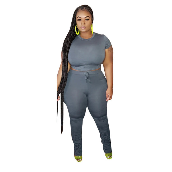 Plus Size Women's Casual Solid Tight-Fitting Short Sleeve Two-Piece pants Set
