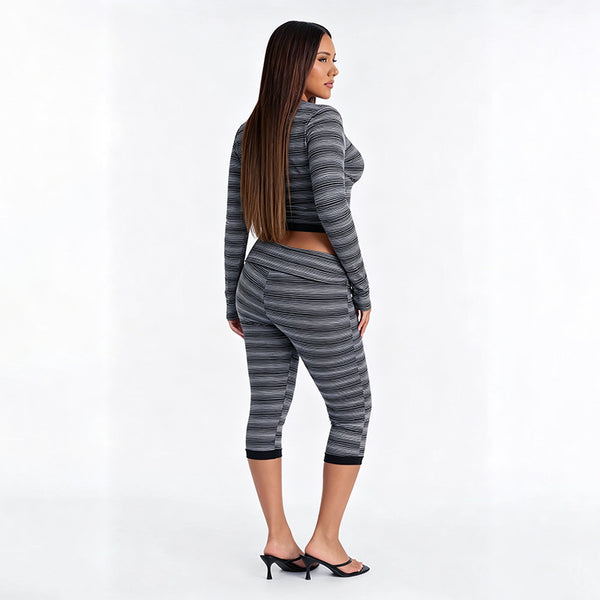 Striped V-Neck Top & 7/8 Length Pants Two-Piece Set for Autumn