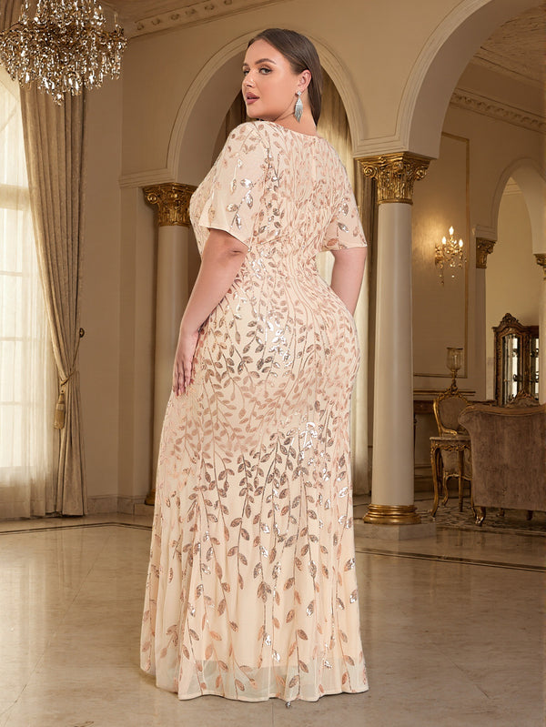 Plus Size Mesh Embroidery Round Neck Mermaid Dress for Spring & Fall