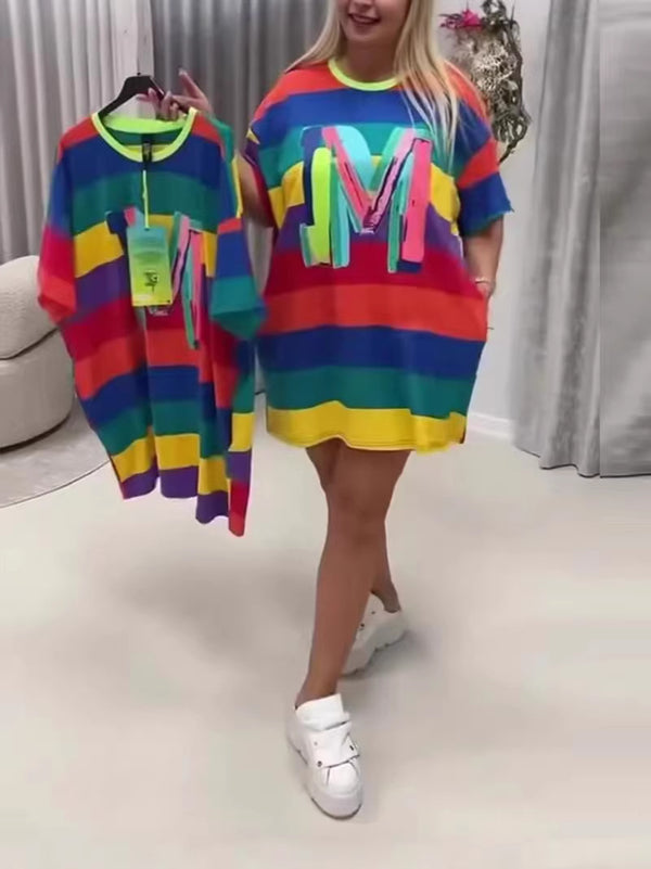 Rainbow Striped Short-Sleeve T-Shirt Dress for Summer