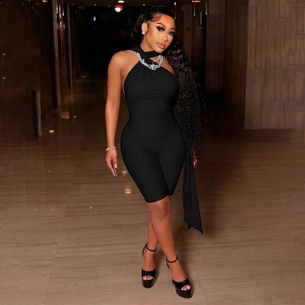 Halter Neck Ribbon Backless Cropped Jumpsuit for Summer Parties