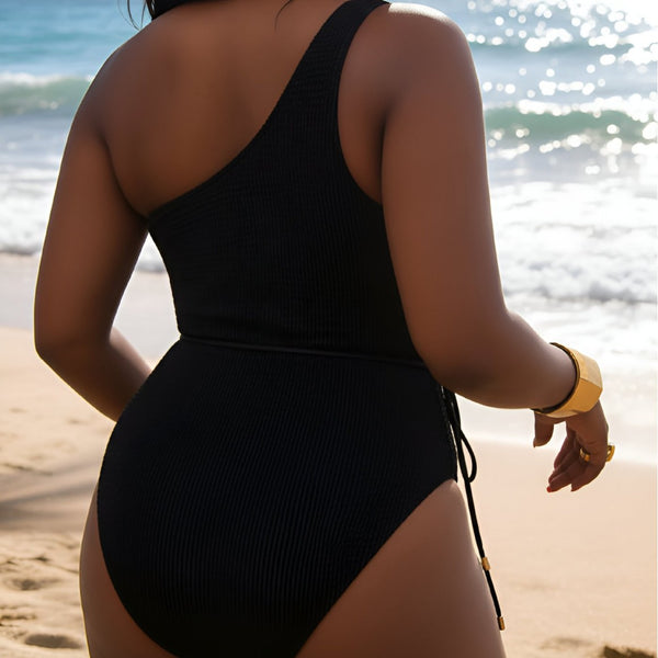 Plus Size Solid One-Shoulder Tie Waist One-Piece Swimsuit