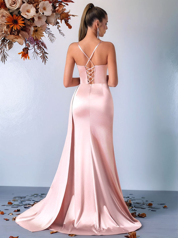 Deep V-Neck Slim Waist Strap Evening Dress for Bridesmaids