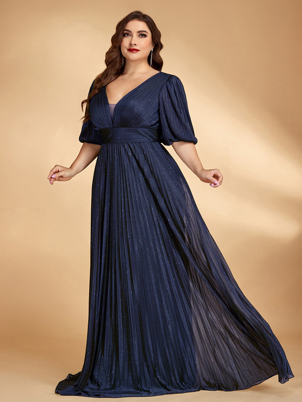 Plus Size Sequin Deep V-Neck Lantern Sleeve Pleated Evening Gown for Formal Parties