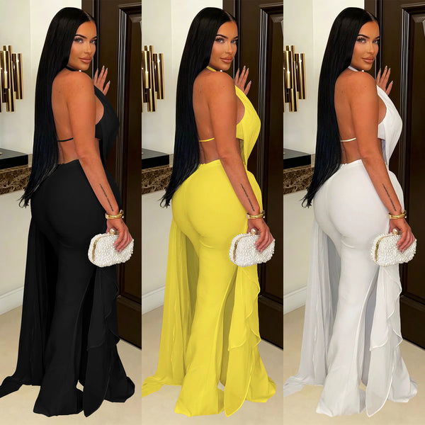 Halter Cowl Neck Irregular Tassel Top & Wide Leg Pants Set for Casual Wear