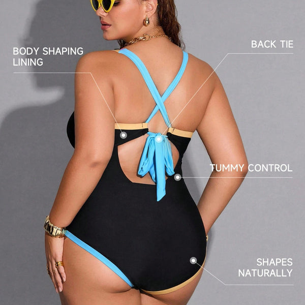 Plus Size Color Block Lace-Up One-Piece Swimsuit