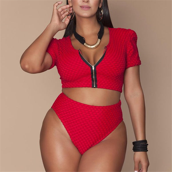 Plus Size Solid Zip Half Sleeve Bikini Swimsuit
