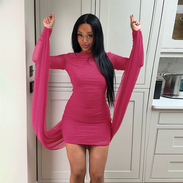 Solid Boat Neck Mesh Gathered Ribbon Long-Sleeve Bodycon Dress for Autumn