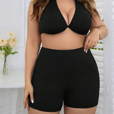Plus Size Solid High-Waist Square Leg Swim Shorts