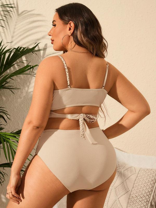 Plus Size Leopard Patchwork Crisscross High-Waist Two-Piece Bikini