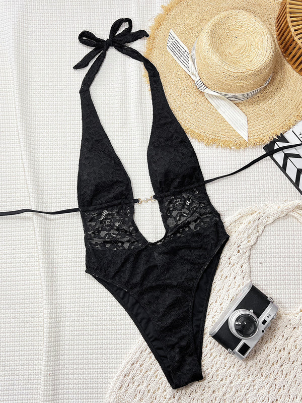 Lace Patchwork Halter Backless One-Piece Swimsuit for Pool Parties