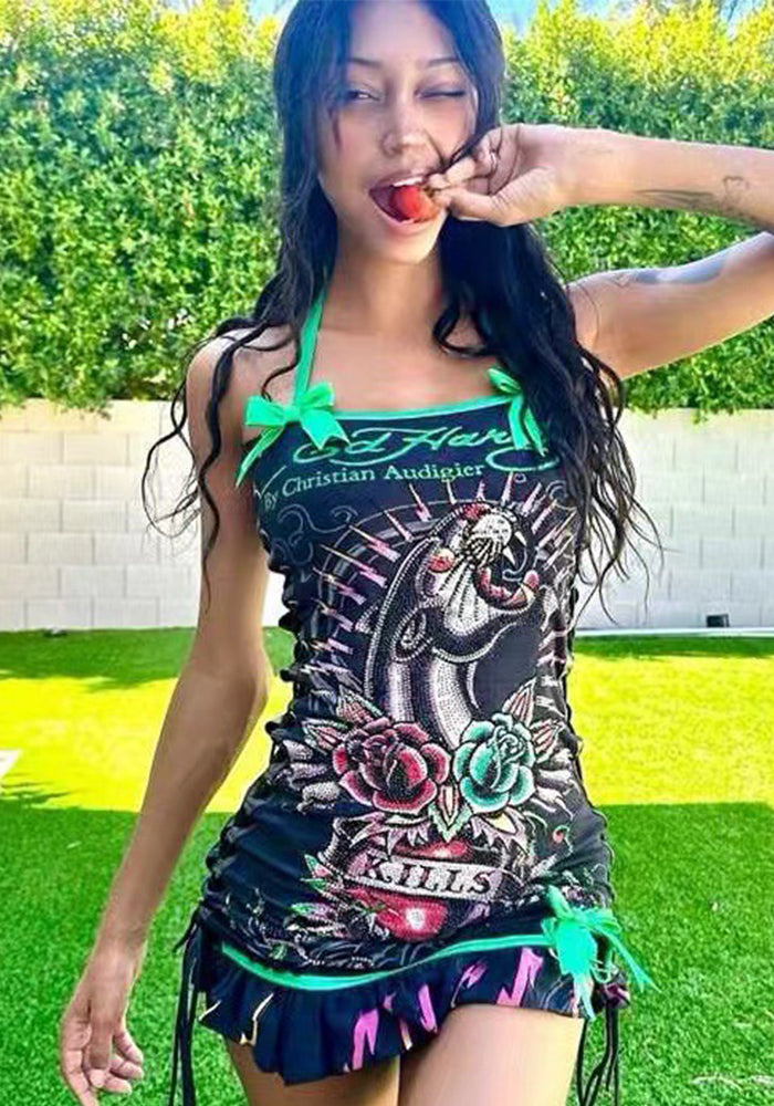 Retro Print Drawstring Strapless Dress for Summer Vacations