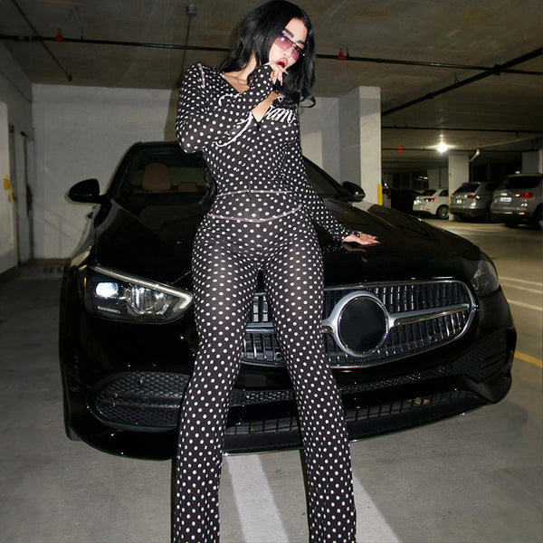 Polka Dot Letter Print Crop Hoodie & Pants Set for Autumn/Winter