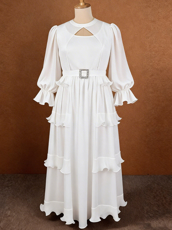 Plus Size Cut-Out Rhinestone Belt Multi-Layer Ruffled Pleated Dress for Formal Parties