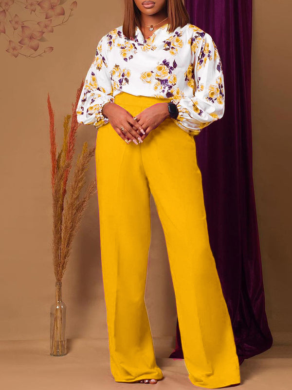 Plus Size Women Printed Lace-Up Top and Wide-Leg Pants Two-Piece Set