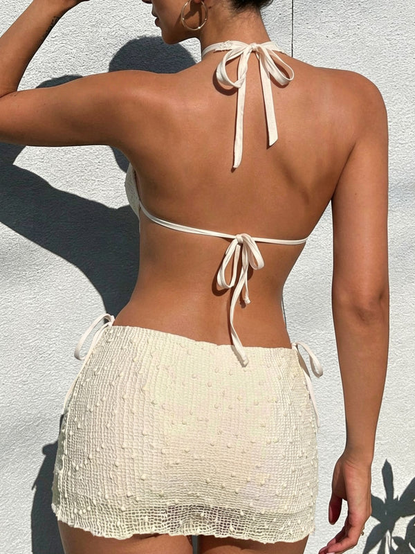 V-Neck Backless Tie Three-Piece Bikini Swimsuit for Beach Holidays