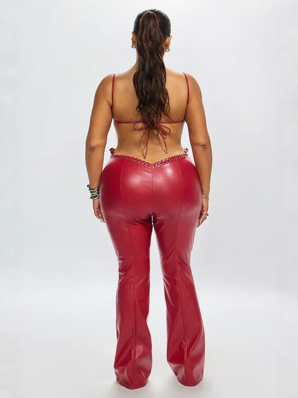 Red Leather Lace-Up Bra & Pants Two-Piece Set for Club Wear