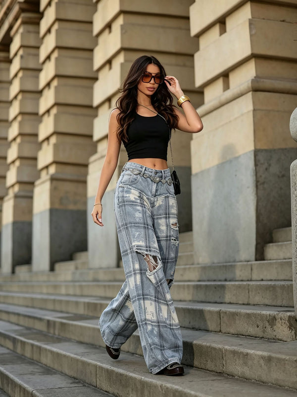 Plaid Ripped Patchwork Washed Denim Pants for Streetwear