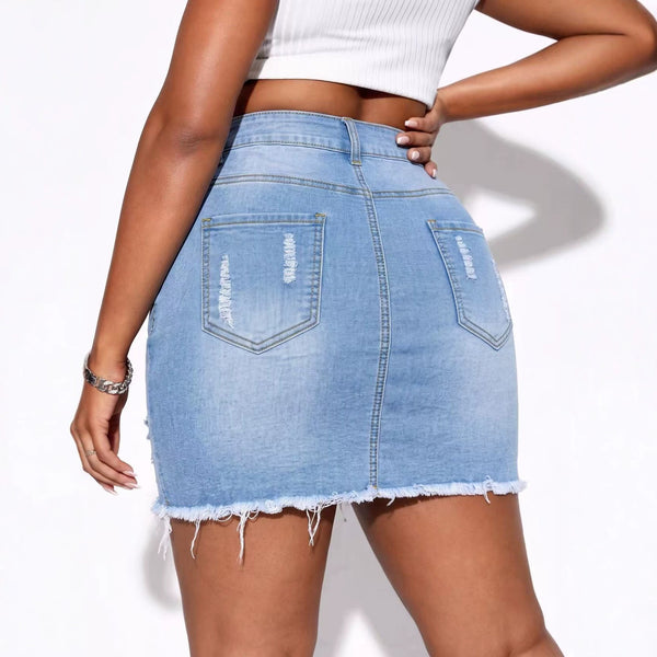 Ripped Washed Denim Skirt for Summer Casual Wear