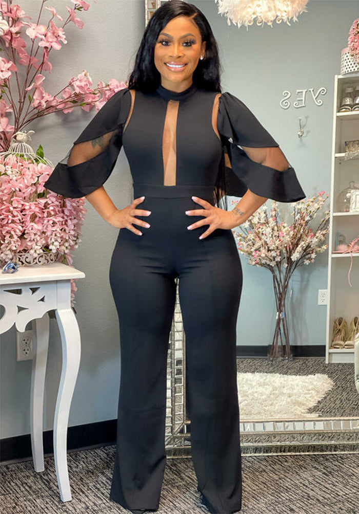 Casual Slash Shoulder Button Cutout Wide Leg Jumpsuit
