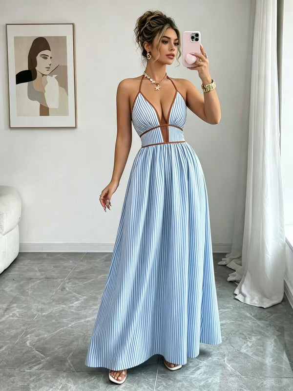 Striped Colorblock Halter Neck Sleeveless Slim Waist Maxi Dress for Summer Casual