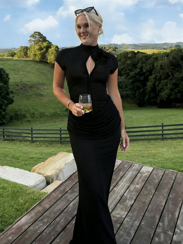 Stand Collar Button Short Sleeve Bodycon Maxi Dress for Spring