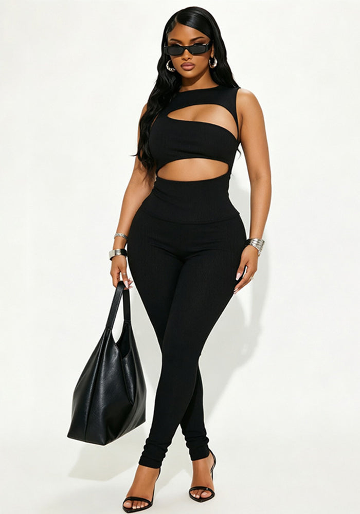 Solid Sleeveless Hollow-Out Jumpsuit for Clubwear