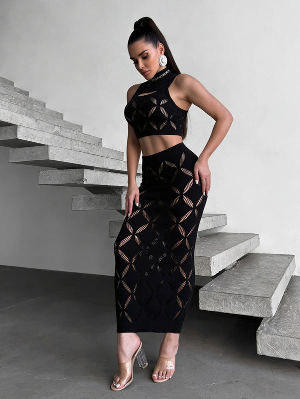 Hollow-Out Top & Skirt Two-Piece Set for Summer Outings