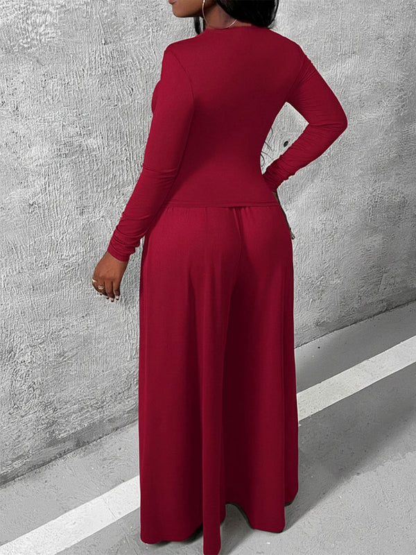Long Sleeve Top & Wide Leg Drawstring Pants Set for Casual Loungewear