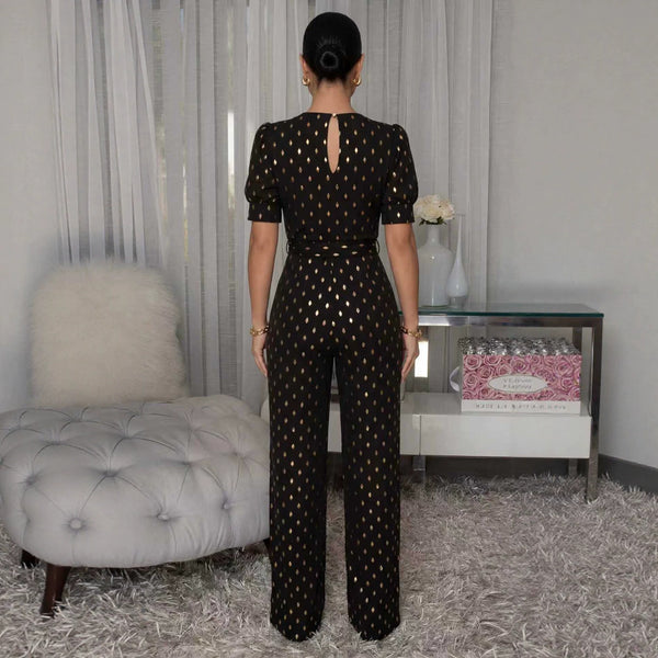 Shiny Polka Dot V-Neck Short Sleeve Wide Leg Jumpsuit for Casual Wear