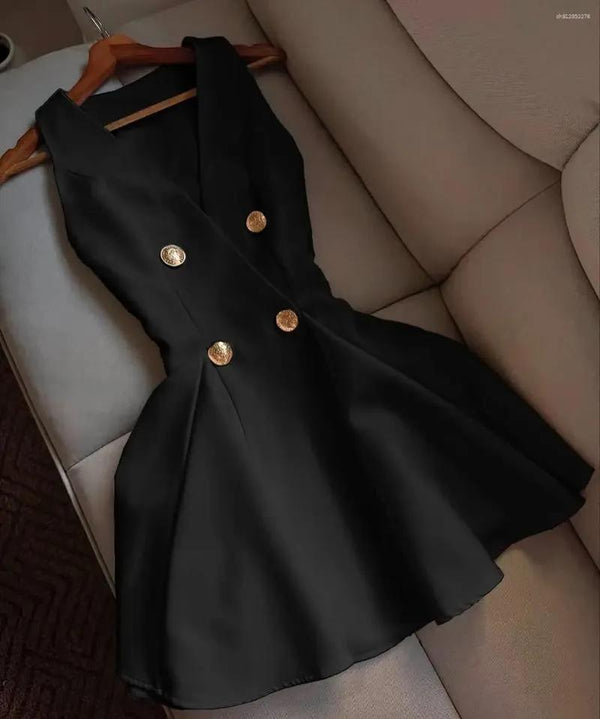 Solid V-Neck Sleeveless Button-Down Dress for Summer Casual