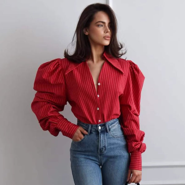 Striped Puff Sleeve Long Sleeve Blouse for Casual Office Wear