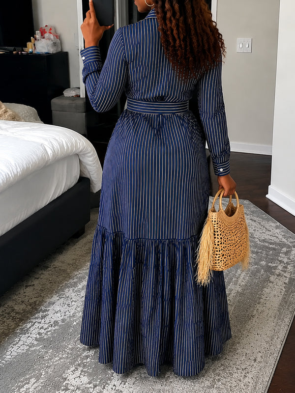 Long Sleeve Turndown Collar Tie Maxi Dress