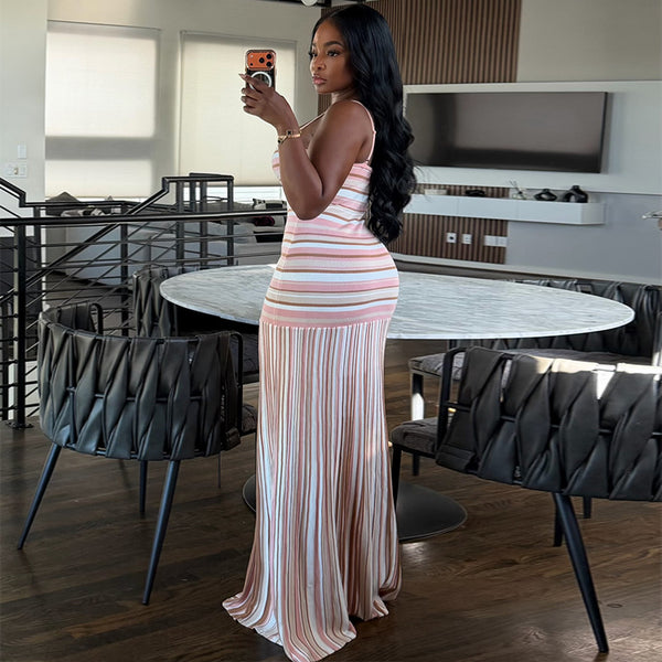 Striped Slim Waist Low Back Strap Dress for Summer
