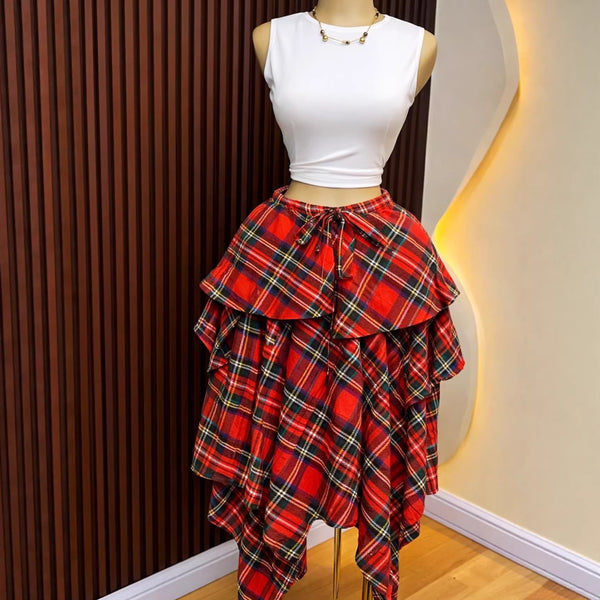 Plaid Irregular High-Waist Tie A-Line Skirt for Summer