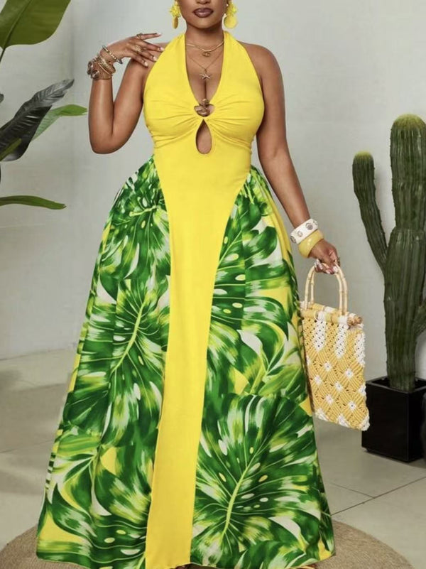 Color Block Lace-Up Hollow-Out Backless Dress for Summer