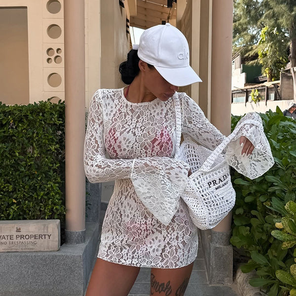 Swim Trunks & Lace Long-Sleeve Cover-Up Three-Piece Set for Beachwear