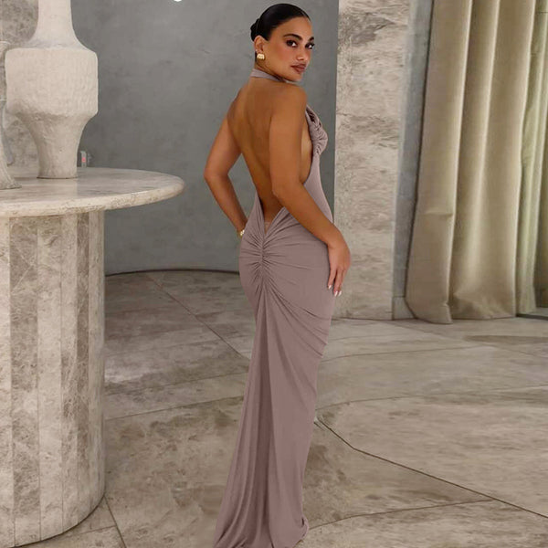 Halter Neck Ruched Backless Maxi Dress for Summer Evenings