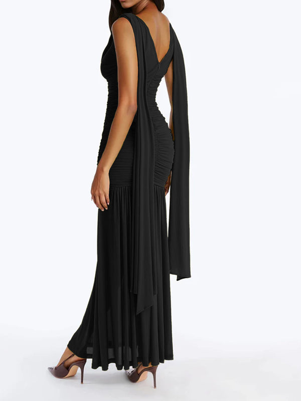 Mesh Cowl Neck Sleeveless Ruched Slim-Waist Dress for Formal Parties