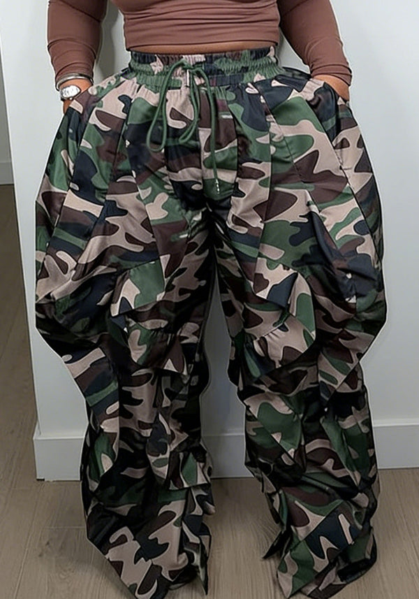 Camouflage Print Lace-Up Ruffle Patchwork Pants