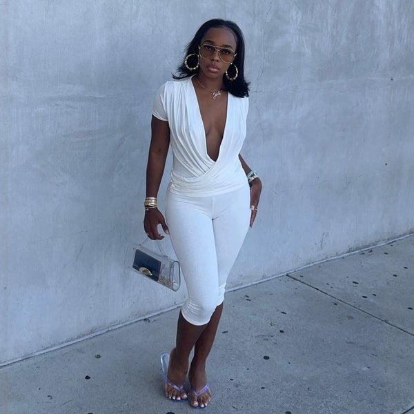 Deep V Cross-Wrap Short-Sleeve Top & High-Waisted Cropped Pants Set