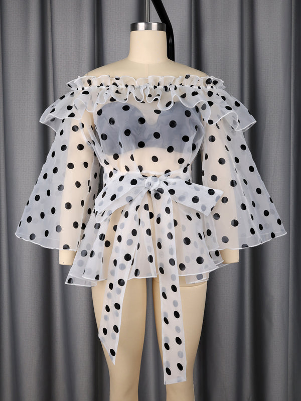 Off-Shoulder Tie Polka Dot Mesh See-Through Blouse