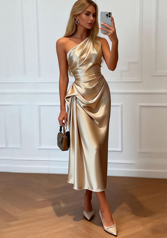 Slash Shoulder Asymmetric Dress for Evening Events
